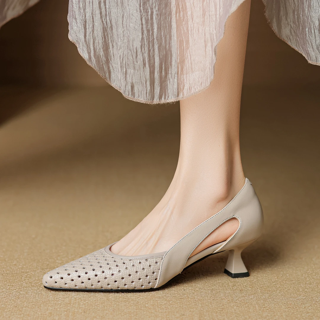 软羊皮/5公分 法式镂空圆尖头细跟包头凉鞋女 气质灰色高跟鞋单鞋