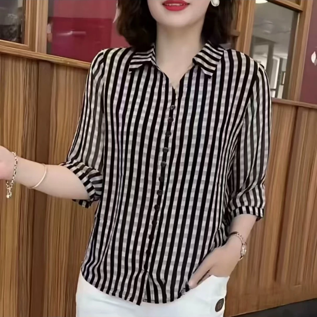 夏季女士七分袖条纹薄款衬衫宽松遮肚显瘦时尚上衣(套头假扣)