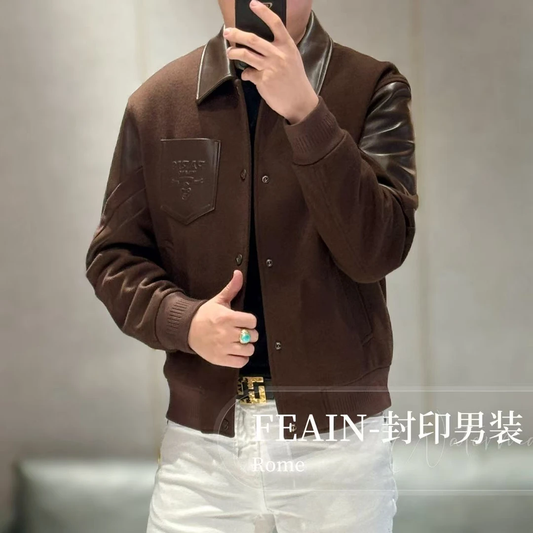 【雷迪凯奇】高端真皮拼接羊毛混纺休闲夹克8057