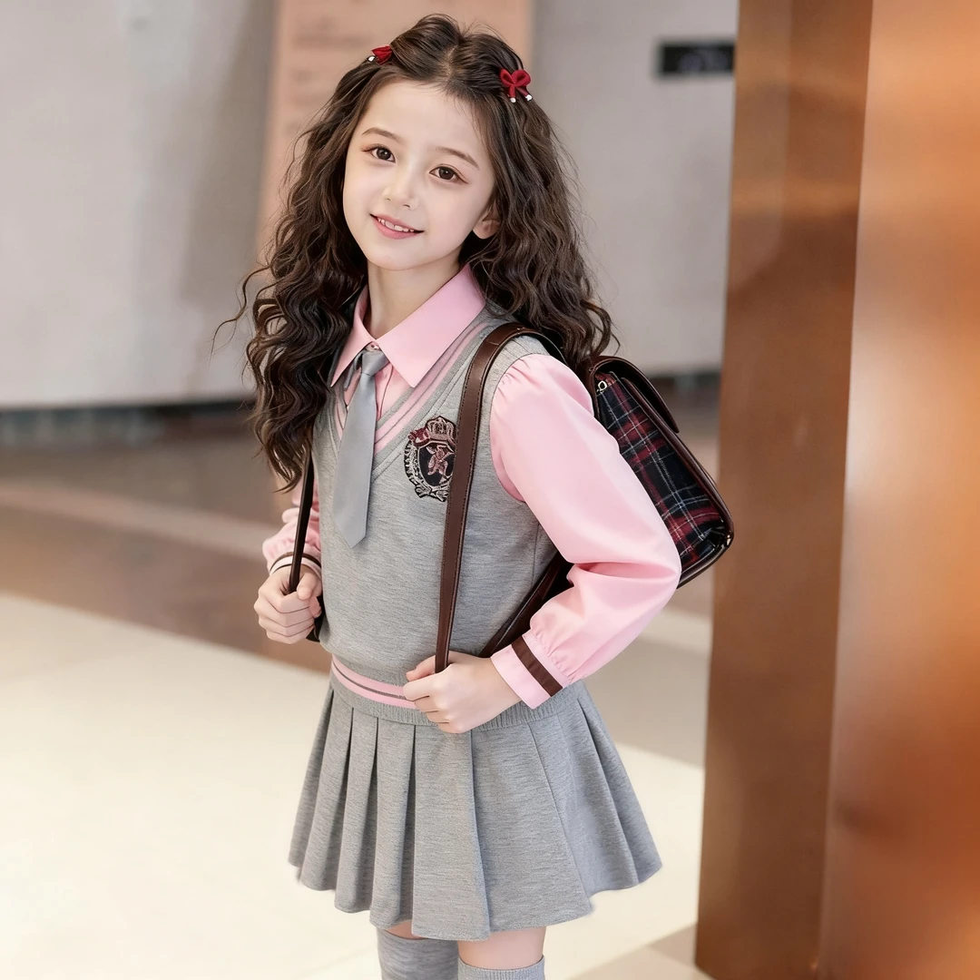 女童春秋套装儿童中大童洋气拼接长袖衬衫百褶裙女孩学院风两件套