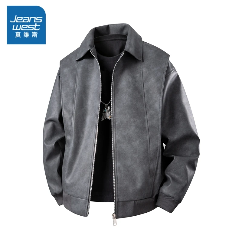 真维斯美式复古皮夹克男士秋冬季潮流翻领宽松休闲痞帅百搭外套男