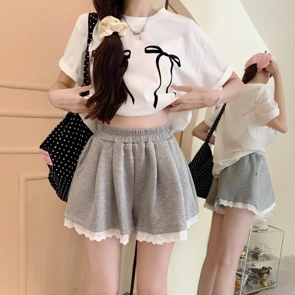 大码显瘦蕾丝边阔腿裤夏季胖mm运动高腰灰色休闲短裤女直筒裤子