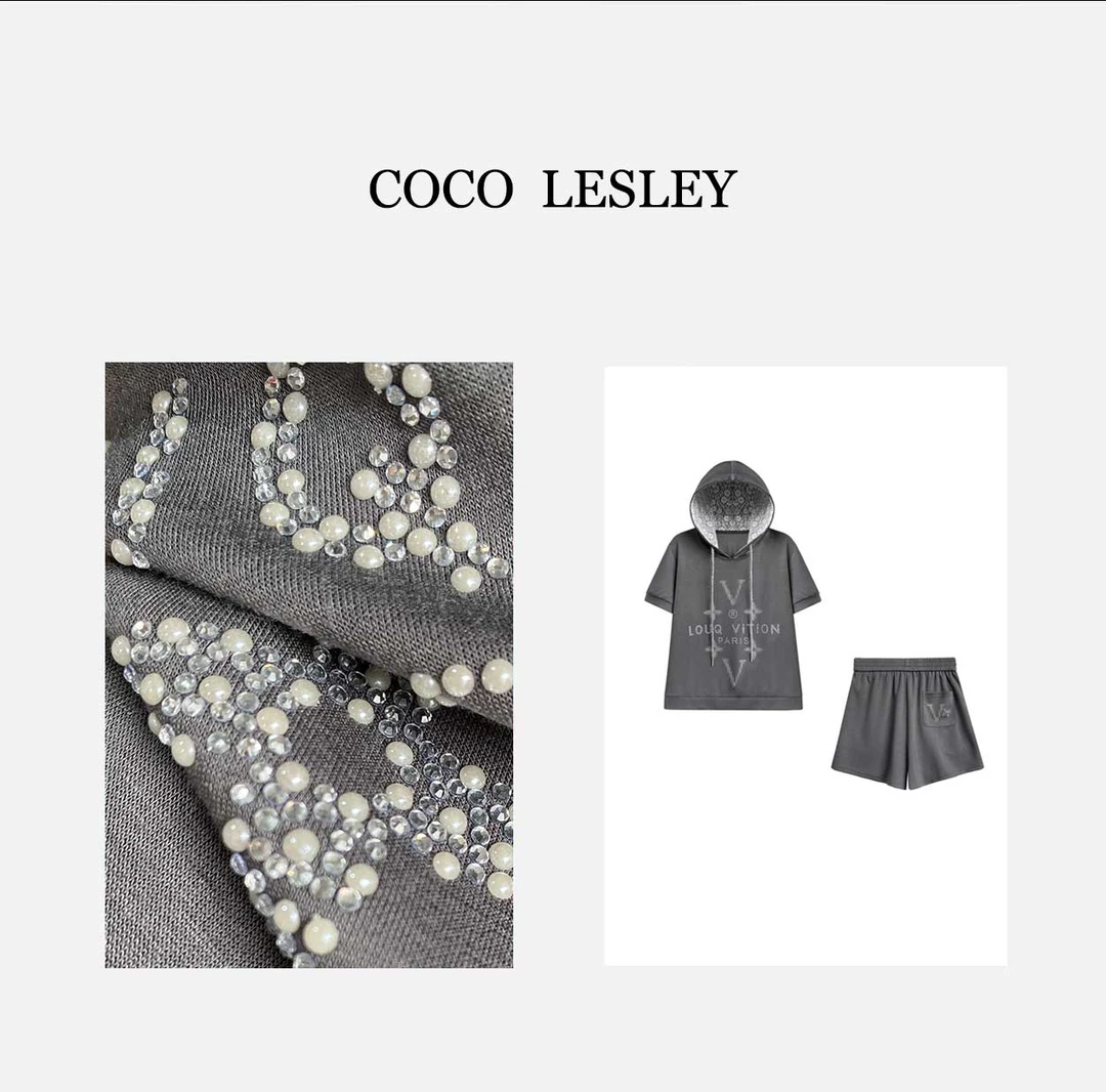 【宠粉专属】68060#连帽蕾丝拼接烫钻两件套2025夏潮流轻奢套装