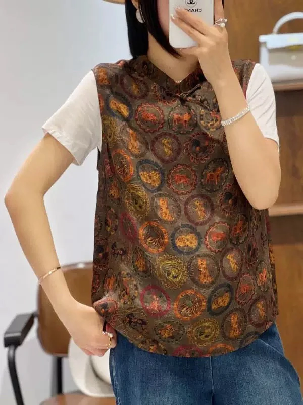 【梅梅真丝】2025夏季新款新中式T恤女装上衣修身立领时尚气质5028