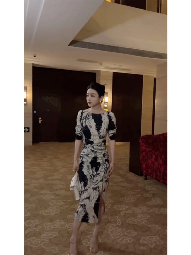 法式复古修身气质显瘦长裙高端轻奢赫本风水墨印花开叉连衣裙女夏