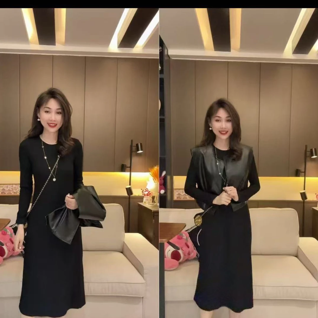 早秋新款高级感蛋白皮马甲搭配净版洋气长袖连衣裙