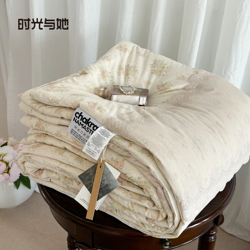 【外贸单】法式宽边棉花四季被子花边200×230纯棉纱布极净无染被芯