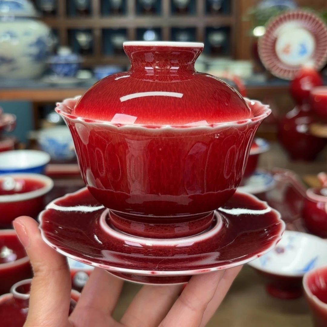 闻轩坊原矿郎红全品花口盖碗