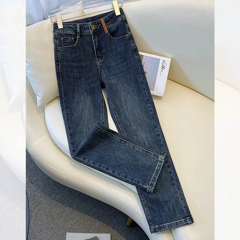 拉夏贝尔复古烟管牛仔裤女2025春秋新款小个子窄版九分高腰直筒裤