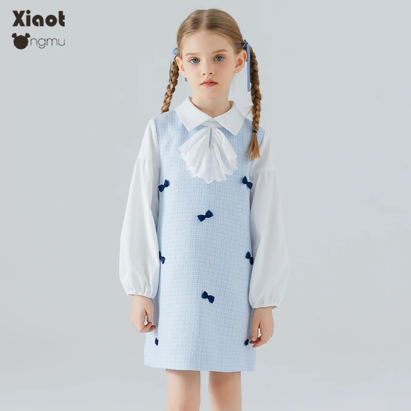 小童木 甜美小香风女童连衣裙春季2025新款中大童假两件a字公主裙