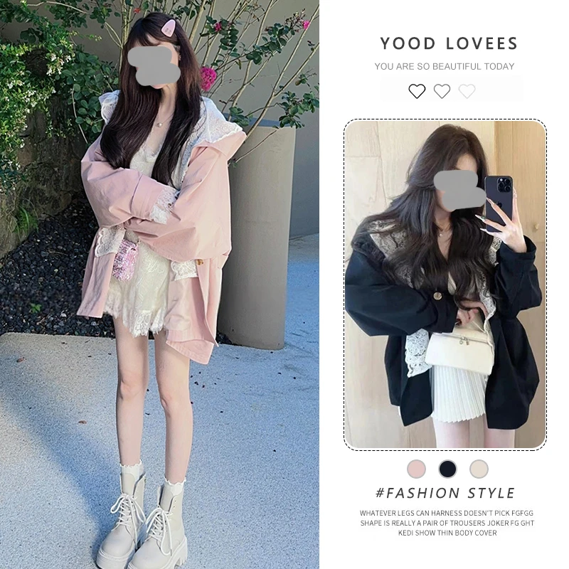 韩版气质粉色连帽卫衣短外套2025春秋新款蕾丝拼接显瘦夹克上衣