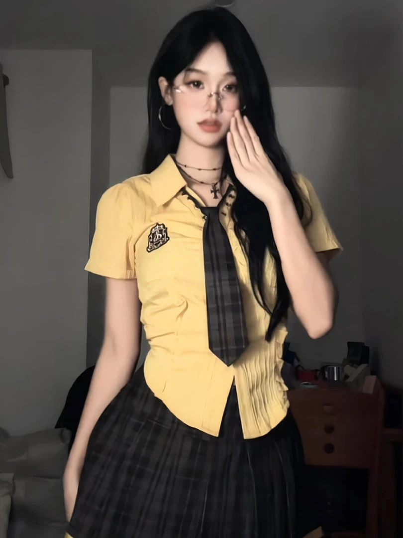 2025夏季美式甜酷辣妹设计感收腰显瘦短袖衬衫别致格子百褶短裙女