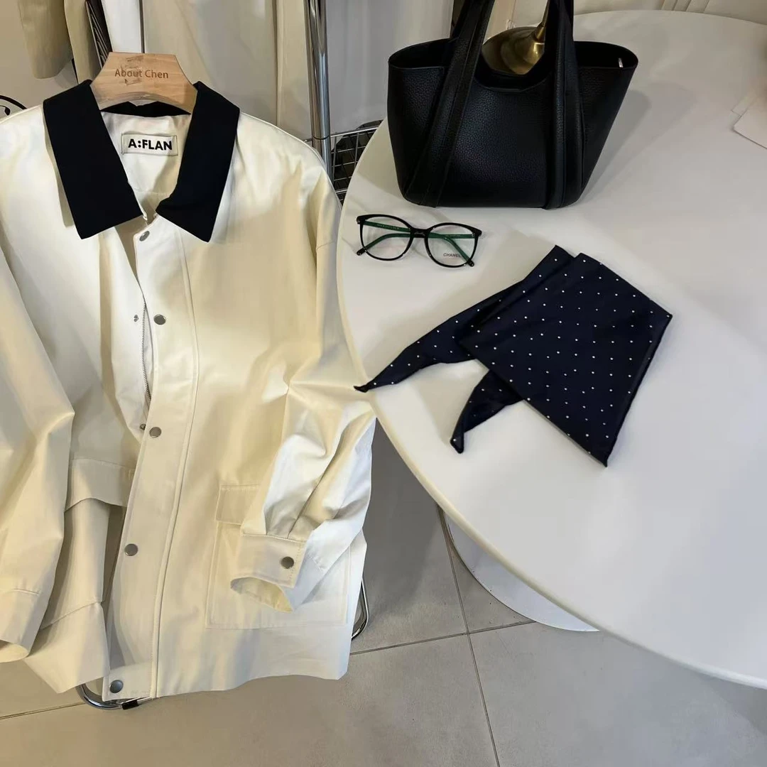 春季 高定天丝棉混纺 撞色领子中长款 韩系风衣外套