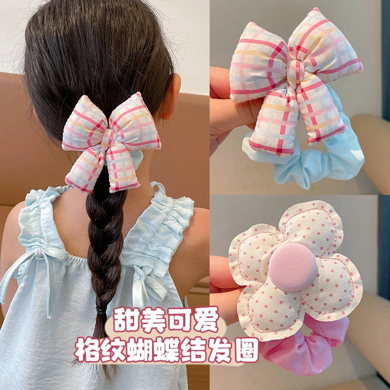 儿童甜美格纹布艺蝴蝶结大肠圈女童可爱波点花朵发圈丸子头发绳