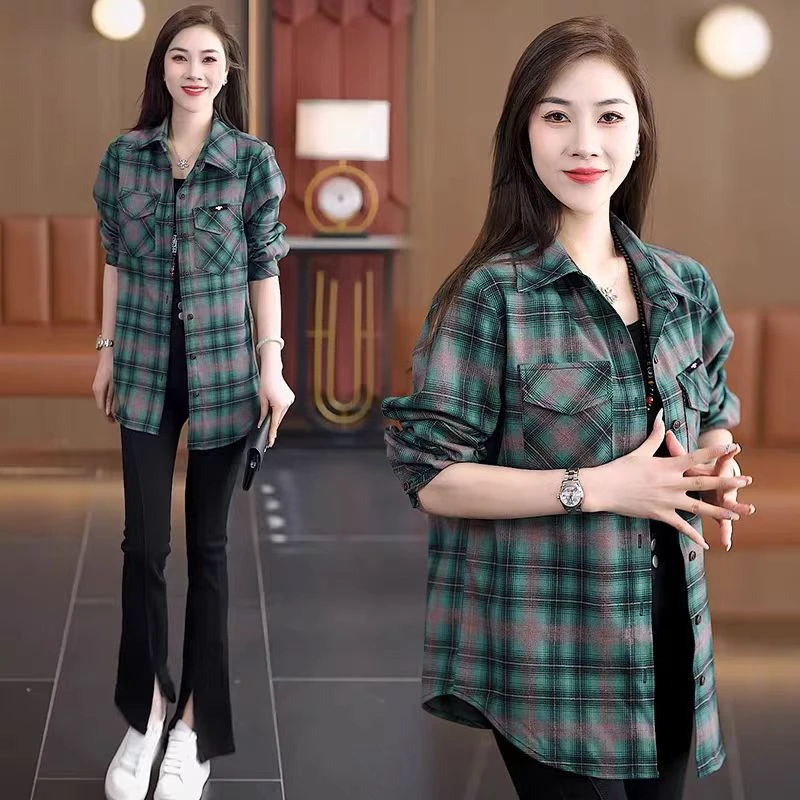 格子衬衫外套女春秋百搭中长款休闲上衣9837# 衣长70