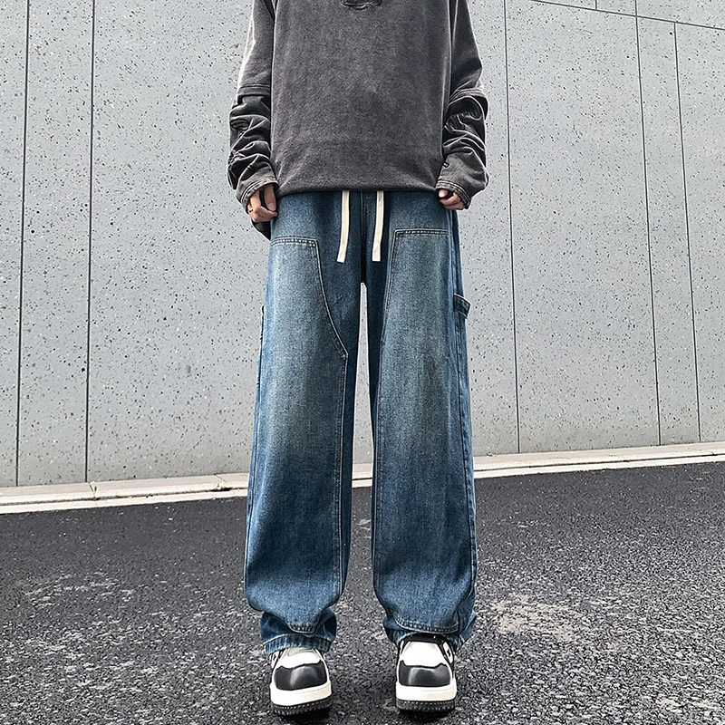 春夏季新款宽松直筒港风牛仔裤男基款百搭多色松紧水洗拖地裤休闲