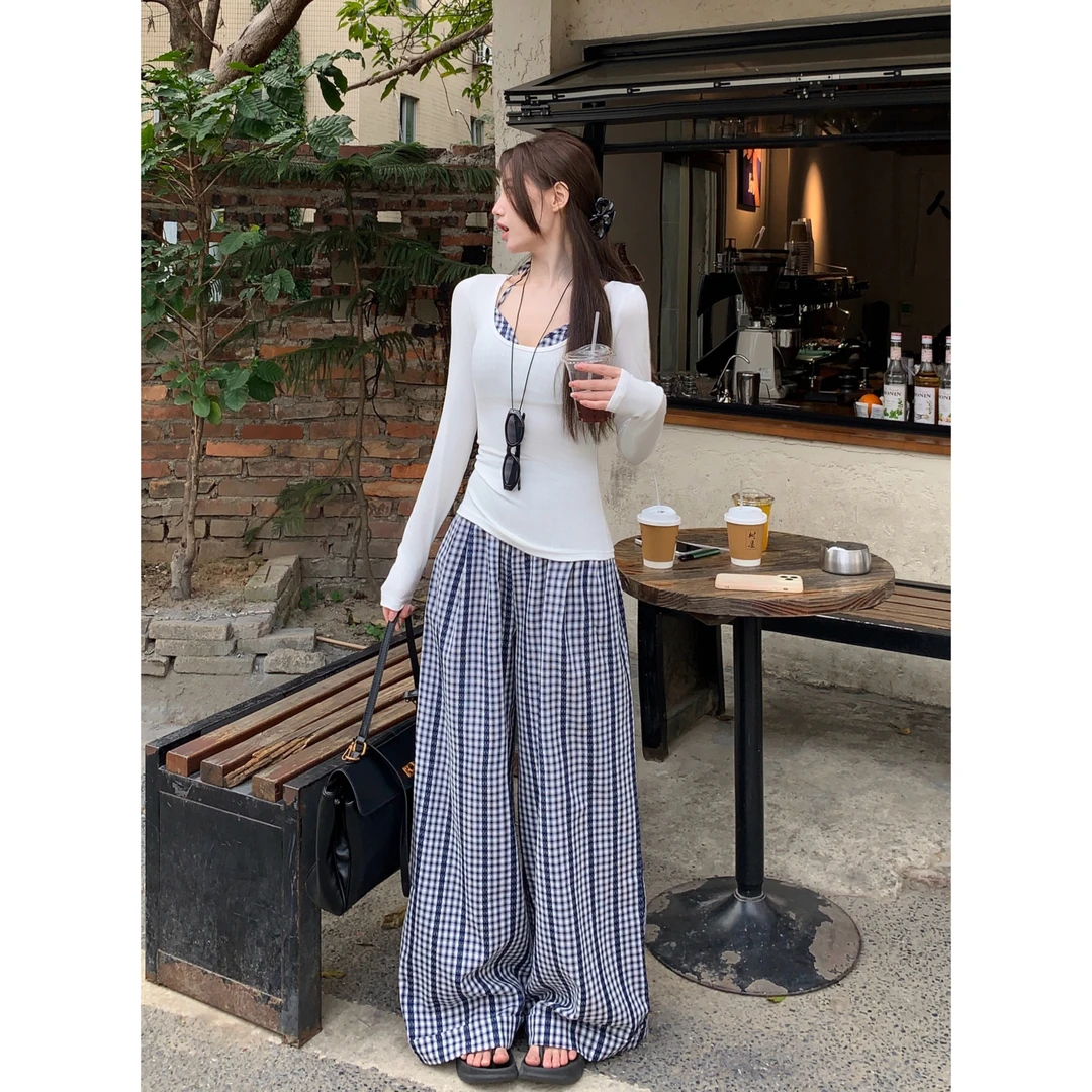 【涟漪风铃】格纹休闲裤子女春阔腿裤比基尼挂脖吊带