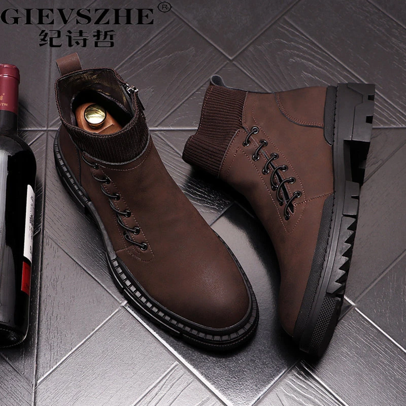 纪诗哲男士休闲皮靴轻奢高端男靴厚底增高马丁靴潮流男士加绒增高
