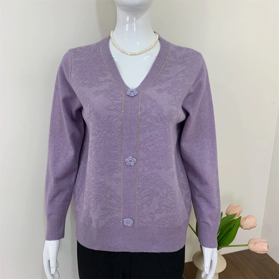 2025新款V领针织小衫上衣中年女装新中式打底衫妈妈春秋长袖毛衣
