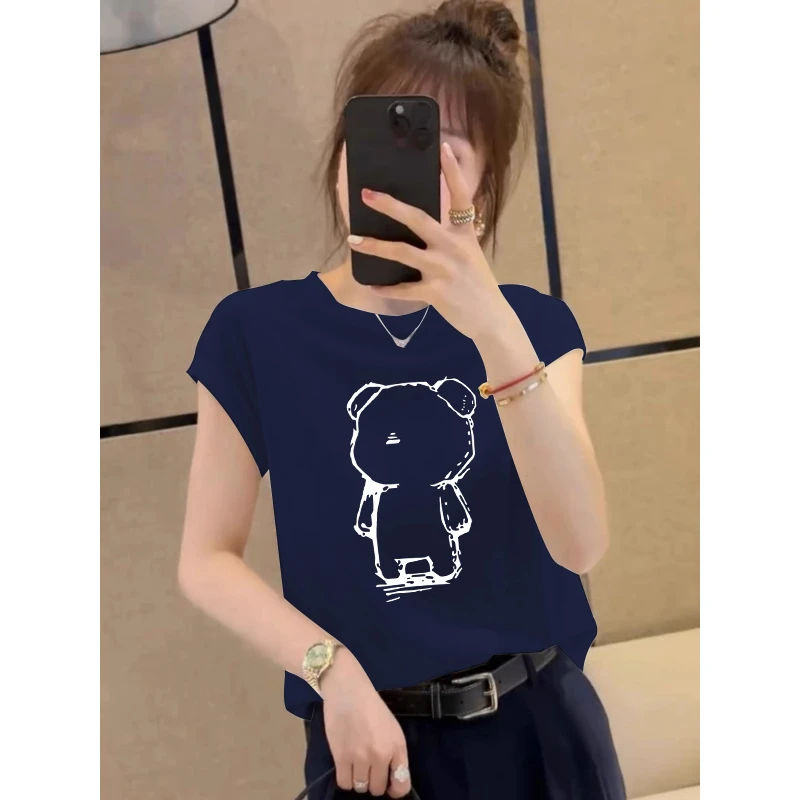 小飞袖正肩短袖t恤女夏季2025新款设计感百搭显瘦圆领藏青色上衣