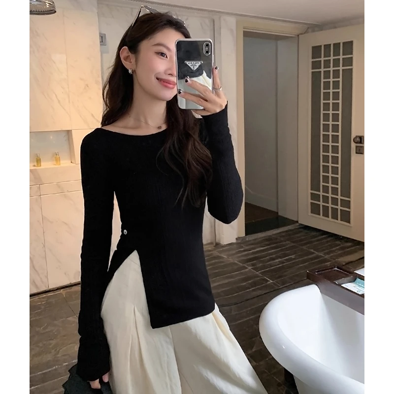 翰代维设计感开叉长袖T恤女春秋季新款修身显瘦不规则打底衫上衣