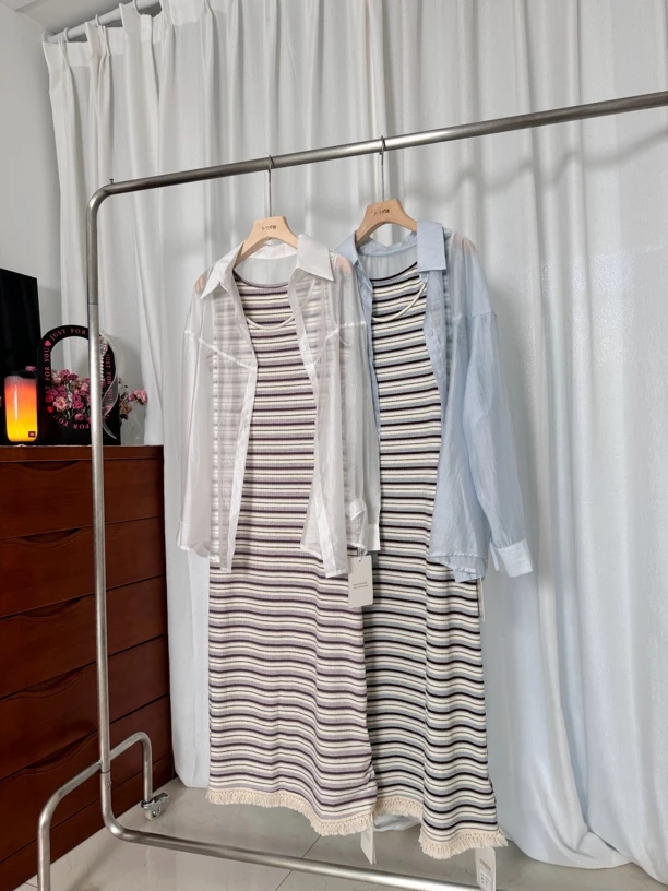 浪漫优雅休闲风时尚套装女装开衫休闲百搭条纹长款