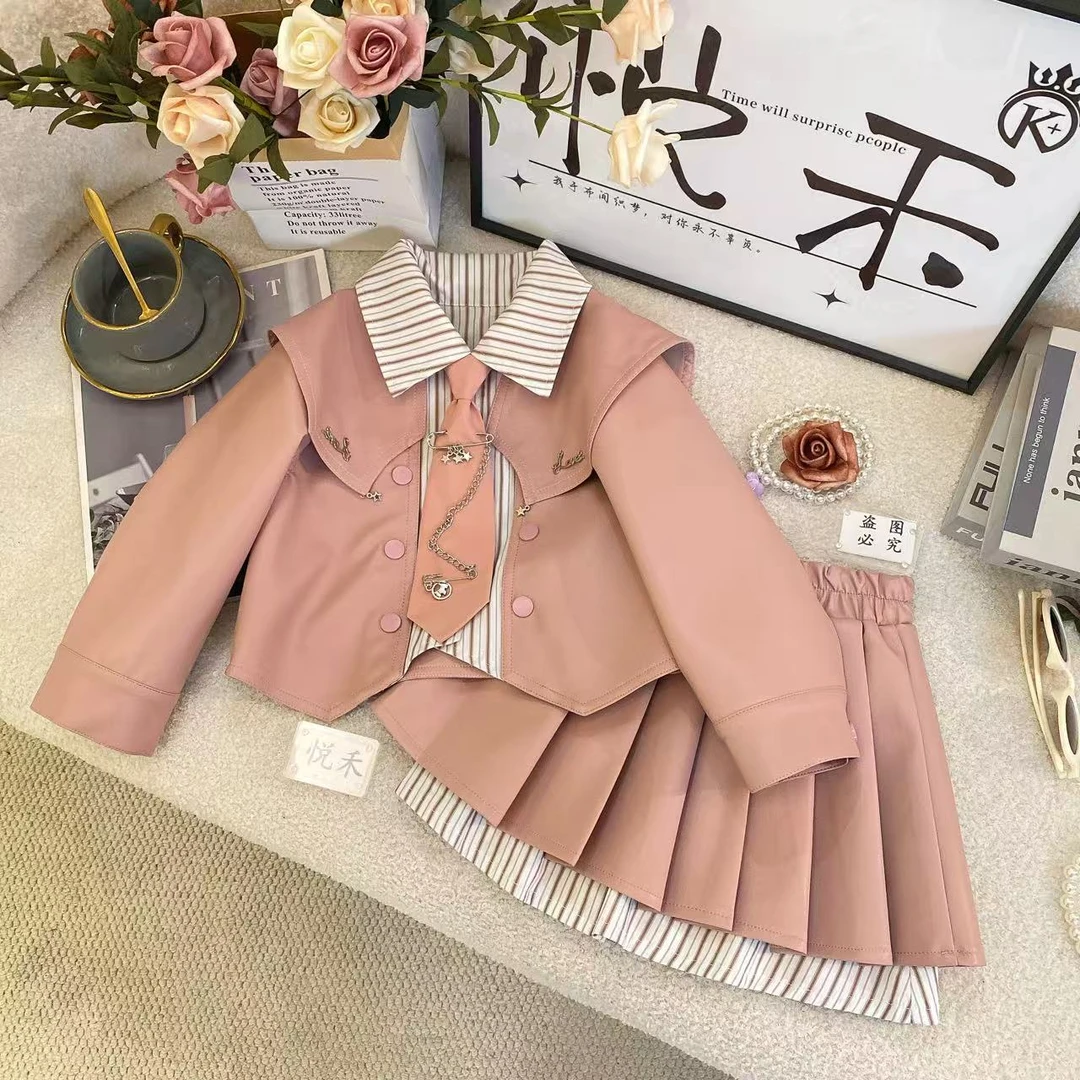 SH【悦禾】新款拼接假两件秋季长袖儿童女宝皮衣时尚休闲套装7768