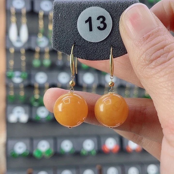 蜜蜡18K金镶嵌耳饰