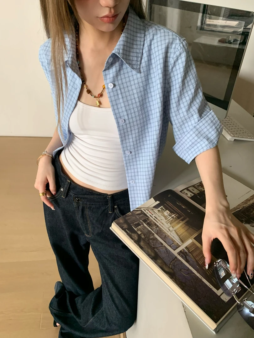 番茄妹妹Tomatosister中袖泡泡纱抗皱七分袖格子辣妹衬衣衬衫女