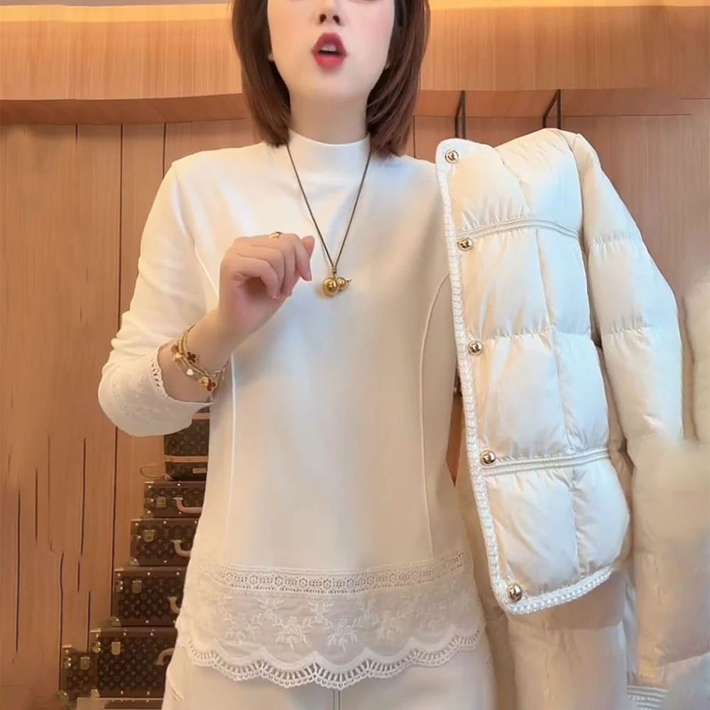 白色蕾丝拼接打底衫女秋冬新款高级感收腰显瘦洋气双面绒内搭上衣