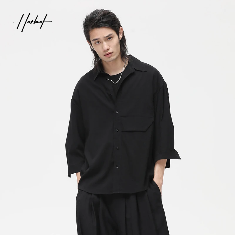 HERBEL/黑白HERBEL/黑白早秋穿搭男士中袖衬衫夏季舒适百搭