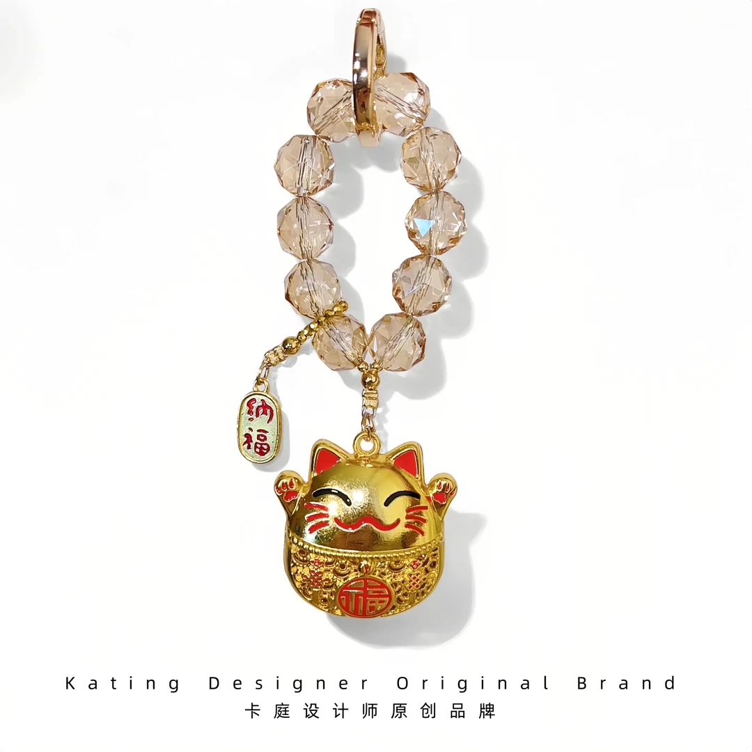 卡庭原创女士招财猫水晶防丢手机挂链绳2025夏季新款高级感钥匙扣