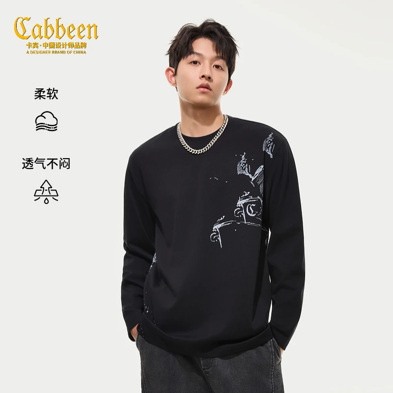 【纯棉】卡宾男装国风手绘印花长袖秋季新款舒适柔软内搭上衣情侣
