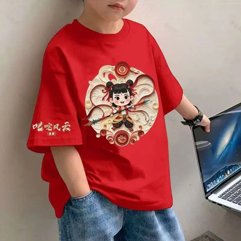 圆图哪吒袖标 个性舒适T恤百搭嘻哈亲子圆领纯棉短袖男童女童夏季