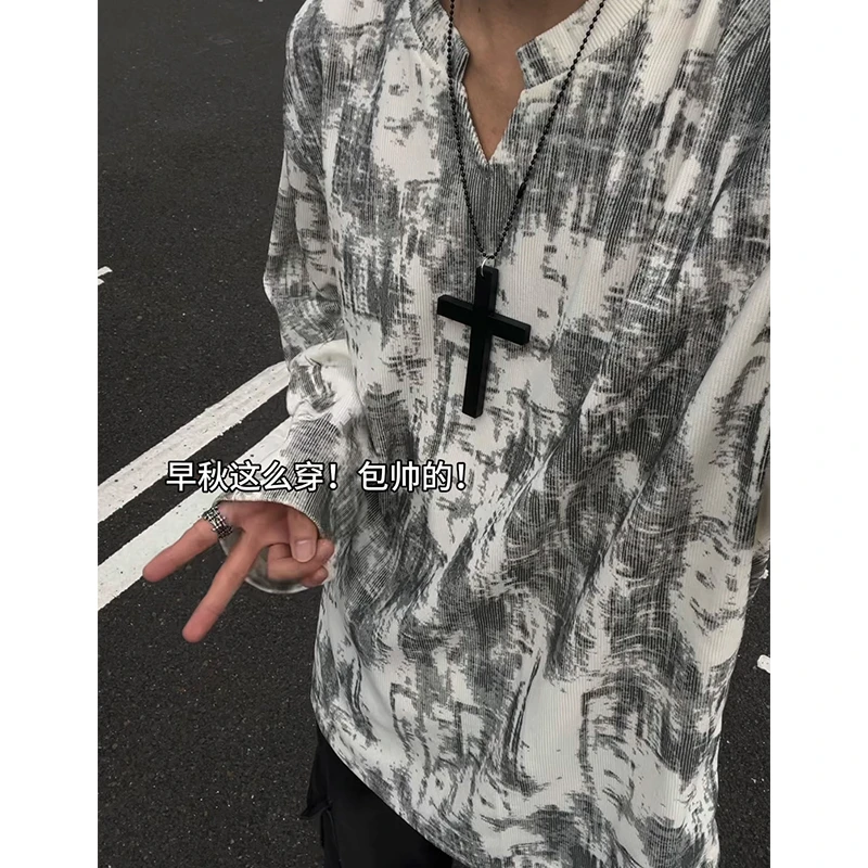 美式扎染V领长袖T恤男款秋季新款ins百搭打底衫休闲宽松潮牌卫衣