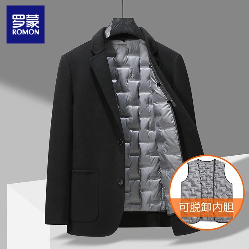 罗蒙西服男羽绒内胆可脱卸商务休闲羊毛呢子秋冬季毛呢外套大衣