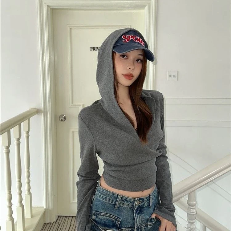 复古灰色交叉连帽短款拉链薄外套秋季修身显瘦设计感长袖T恤女潮