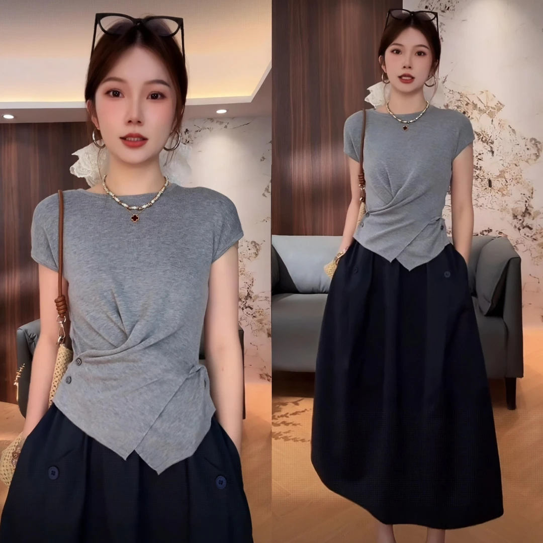 2025夏季收腰显瘦短袖T恤上衣百搭半身裙休闲套装气质洋气衣服女