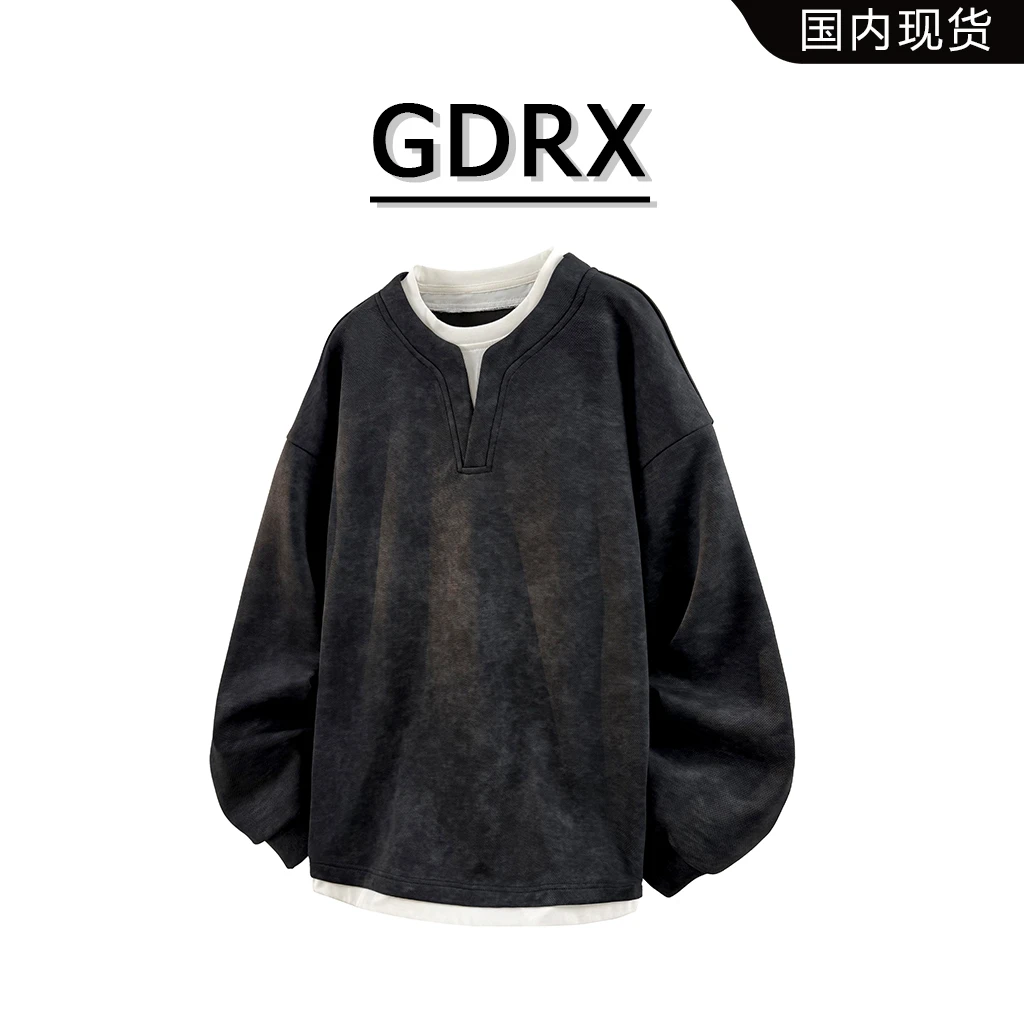 GDRX美式假两件圆领男士长袖卫衣2025春季新款宽松百搭休闲上衣
