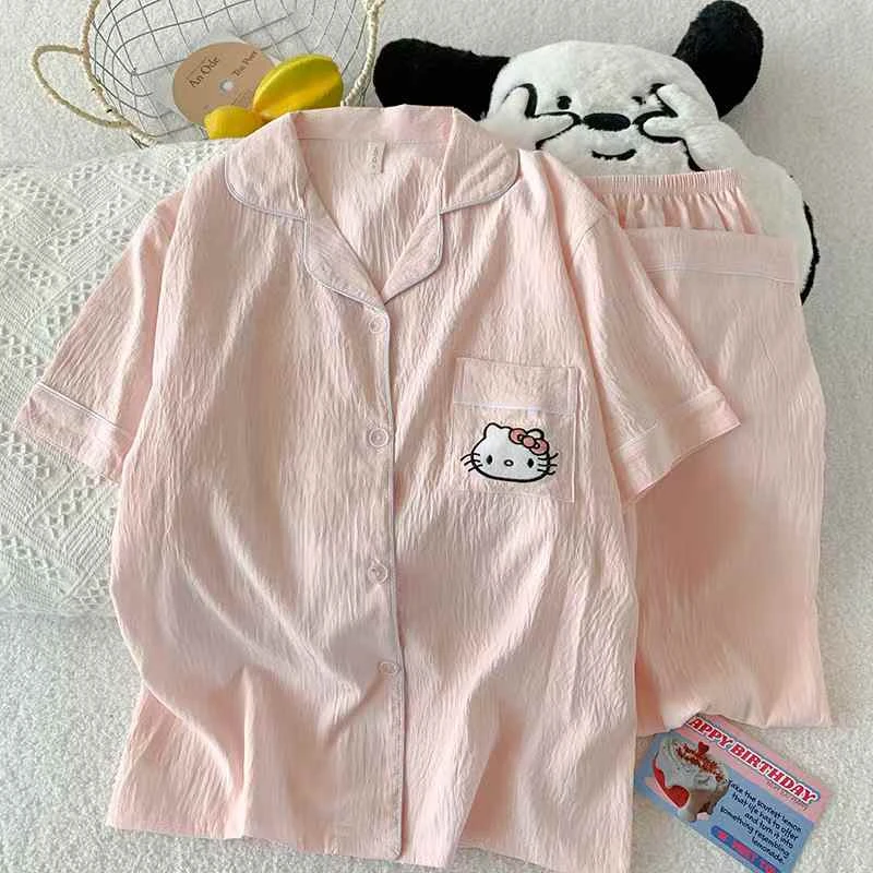新款夏季睡衣女短袖薄款卡通甜美学生女士开衫家居服可外穿套装