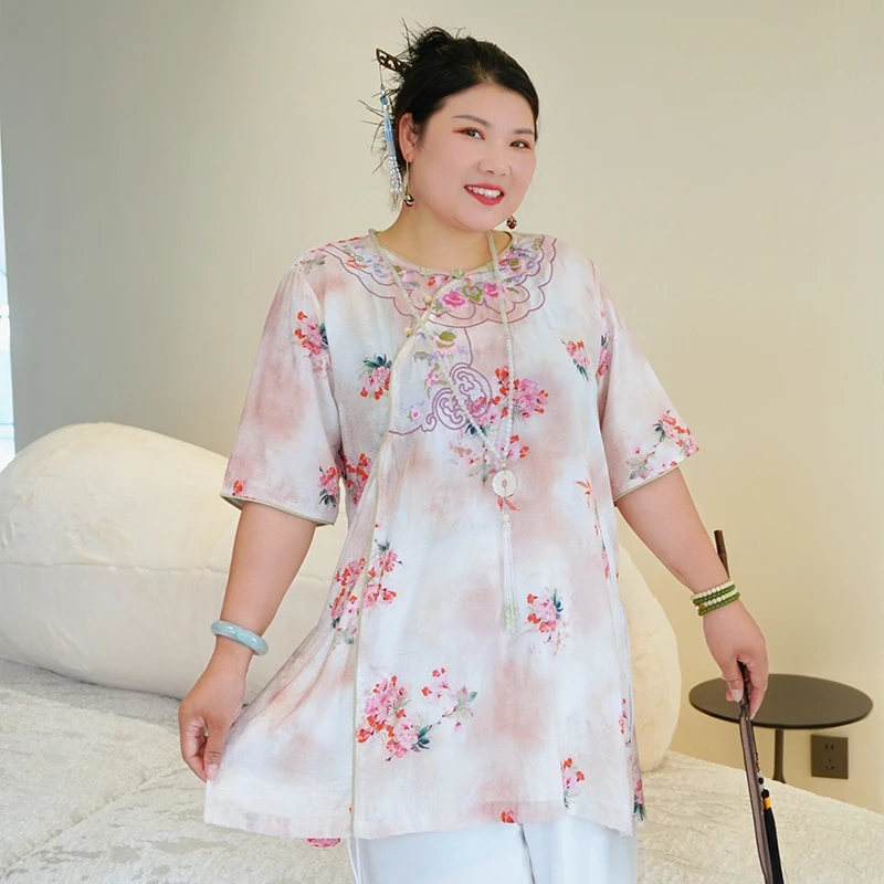 【淡棕米】加大码女装国风长款上衣220斤胖MM夏季穿搭宽松显瘦衣服