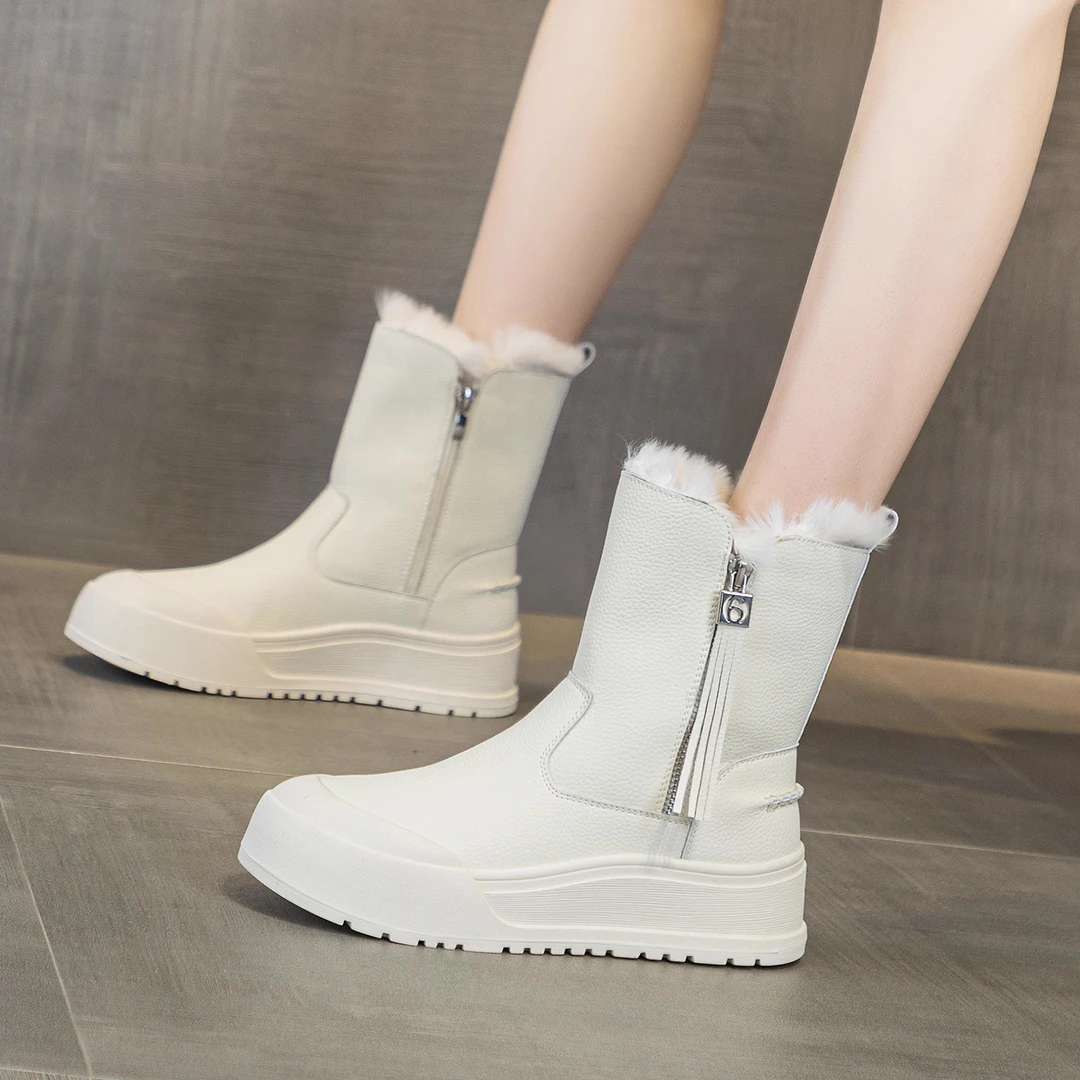 明星同款女鞋真皮奶白色雪地靴皮毛一体冬季加绒加厚雪地靴大棉鞋