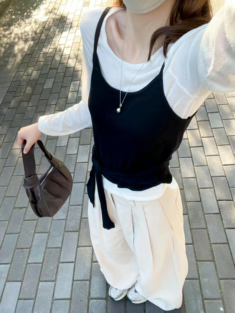 韩系氛围感巨好看叠穿长袖t恤女秋季内搭显瘦收腰吊带上衣两件套