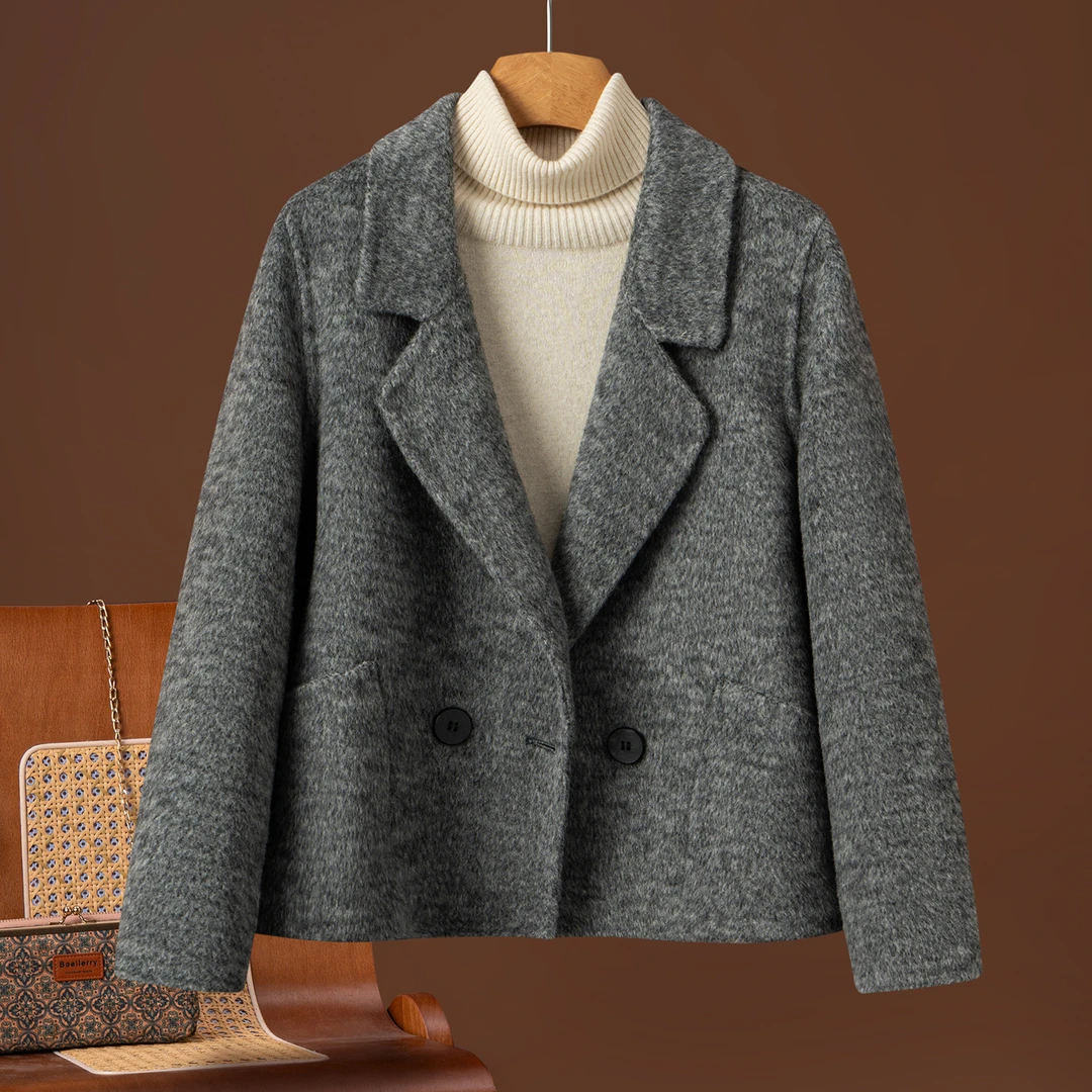 秋冬新款双面呢大衣女小香风短款双排扣小个子百搭纯羊毛呢子外套
