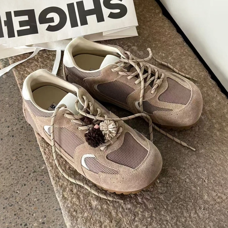 诗歌兰真皮德训鞋女2025年新款百搭厚底网面透气休闲运动鞋0113-6