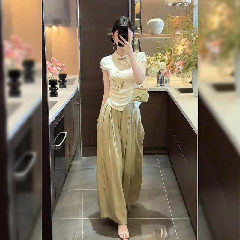 【青荷】新中式国风气质套装2025夏季休闲女装短袖上衣阔腿裤两件套