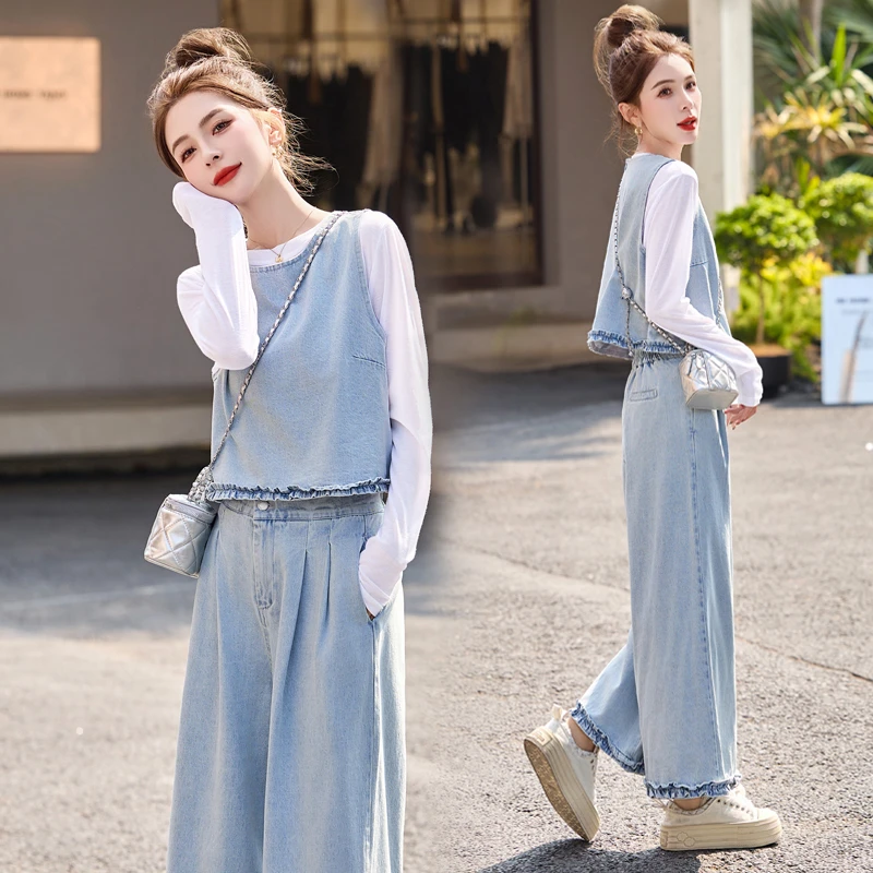 牛仔套装女2025年新款超火春装休闲洋气时尚减龄马甲阔腿裤三件套