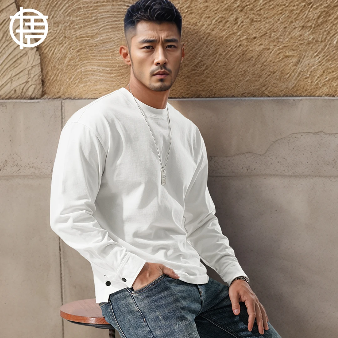 280G重磅纯棉长袖T恤男士纯色圆领宽松排扣内搭打底衫秋冬季外穿