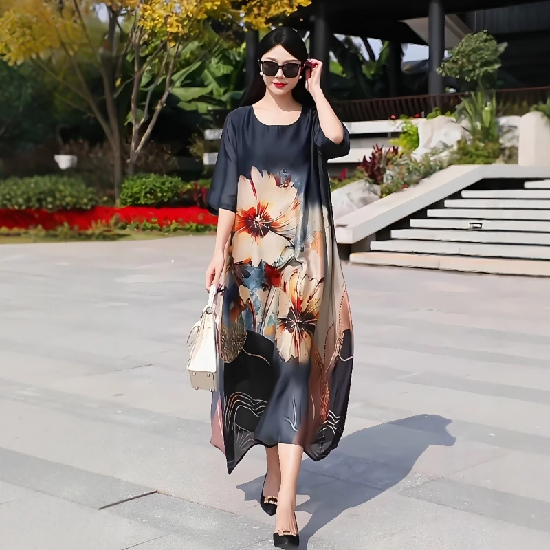 225春夏季高级感复古新中式大码印花连衣裙宽松显瘦气质优雅长裙