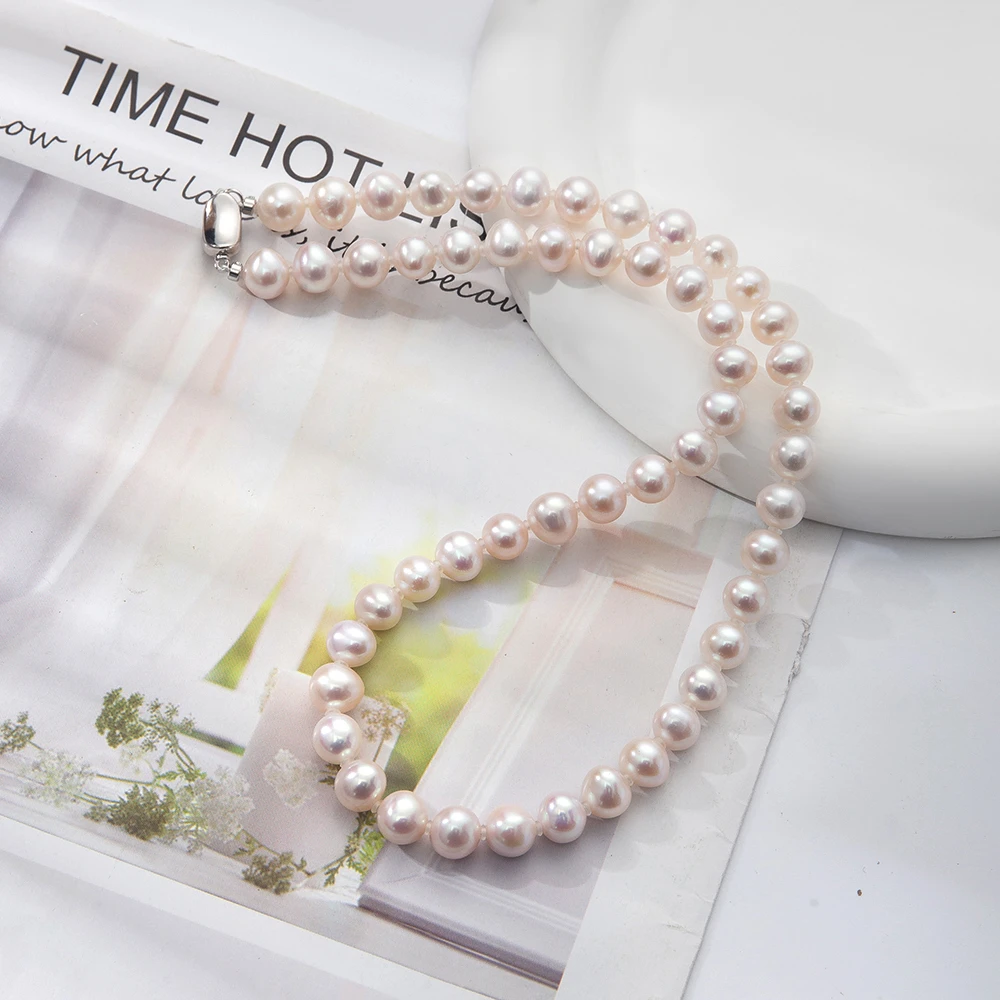 8-9mm天然淡水无核白色极光珍珠S925元宝扣项链 经典款